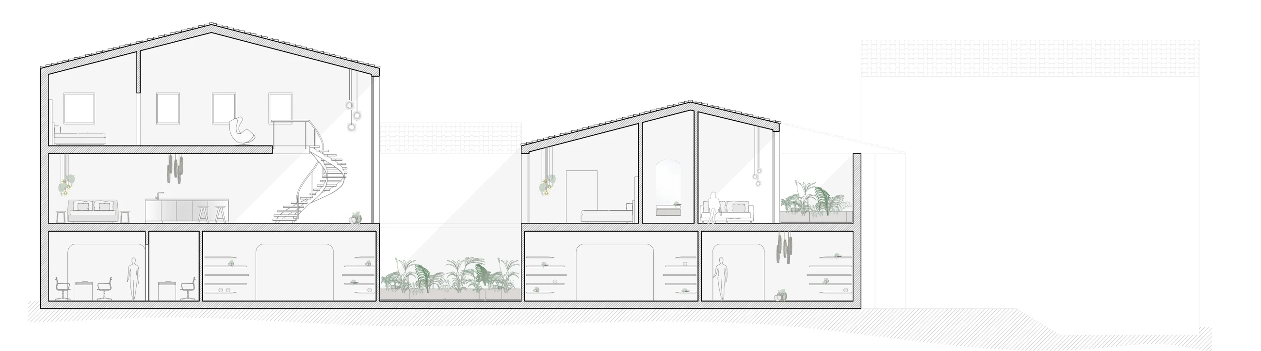 Sección ambientada del edificio con mobiliario, personas y vegetación