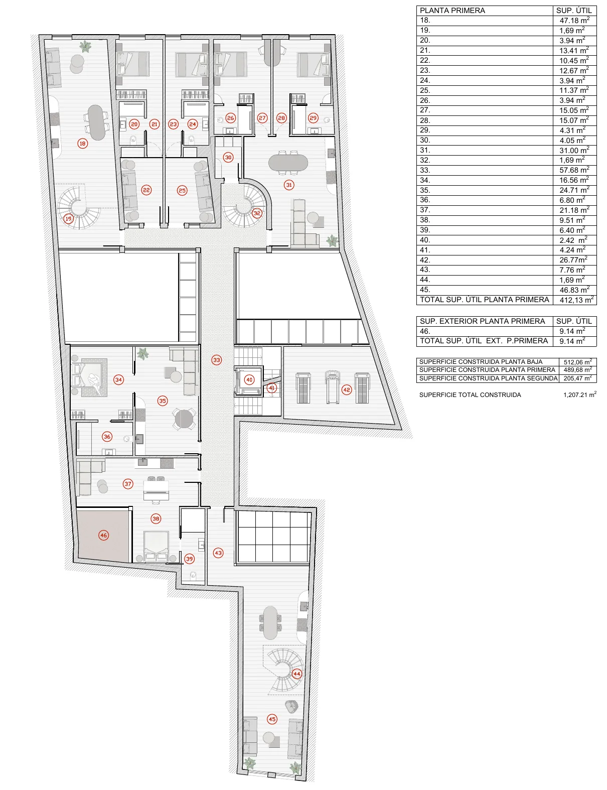 Plano de superficies con cuadro de superficies útiles y construidas